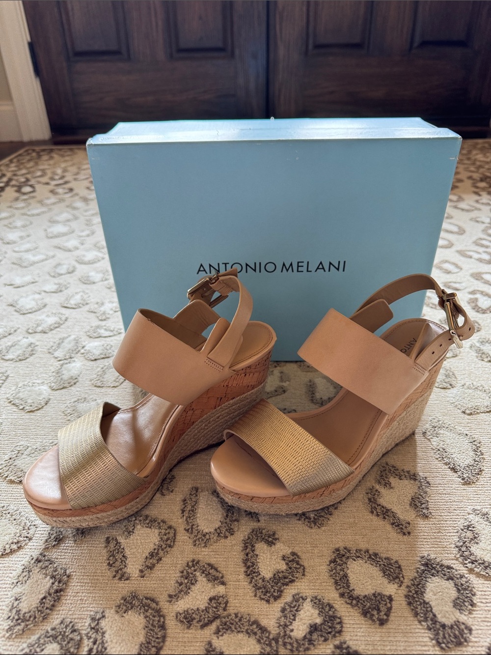 ANTONIO MELANI Tan and Natural Wedge Espadrille Sandals